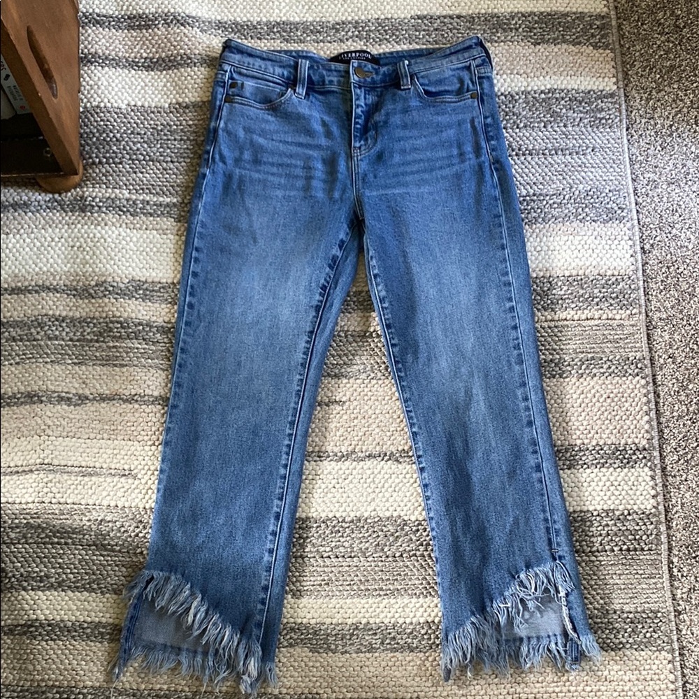 Liverpool Blue Ankle Cropped Jeans with Frayed Hem